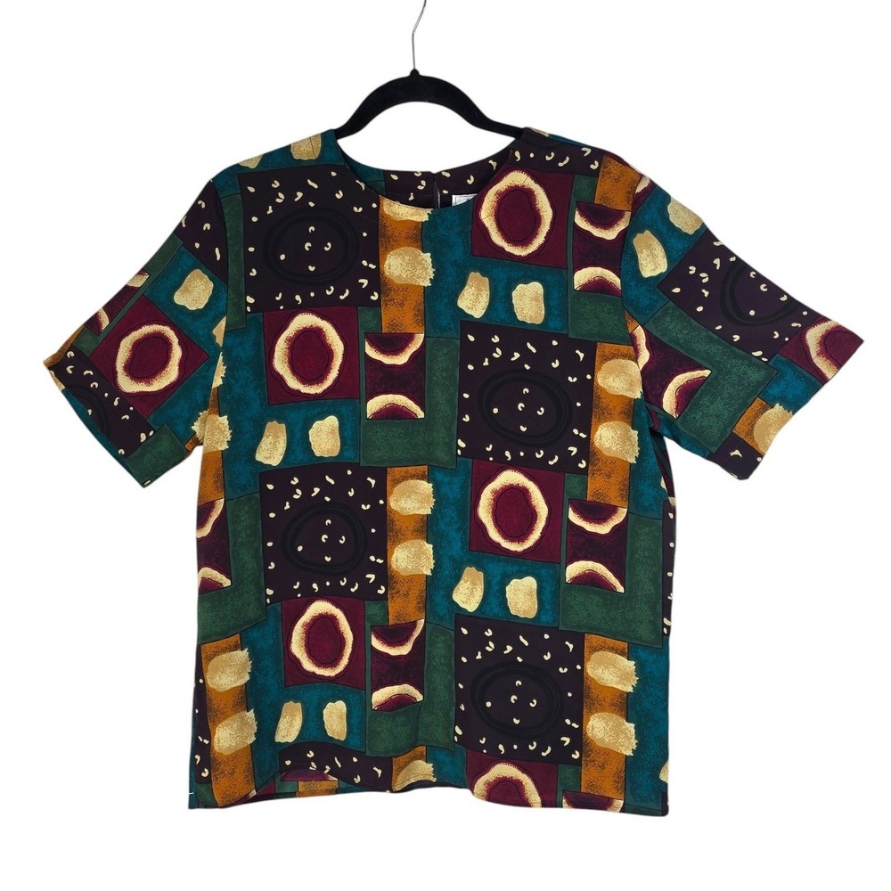Kathy Che Womens Abstract Geometric Short Sleeve Blouse Teal Burgundy Gold Top